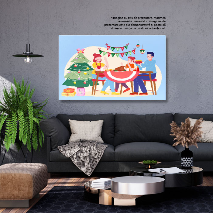 Tablou Canvas Masa de Craciun in Familie, Mama cu Sortul Rosu si Tatal langa Fetita Frumoasa cu Bradul de Craciun 40x25CM [2]