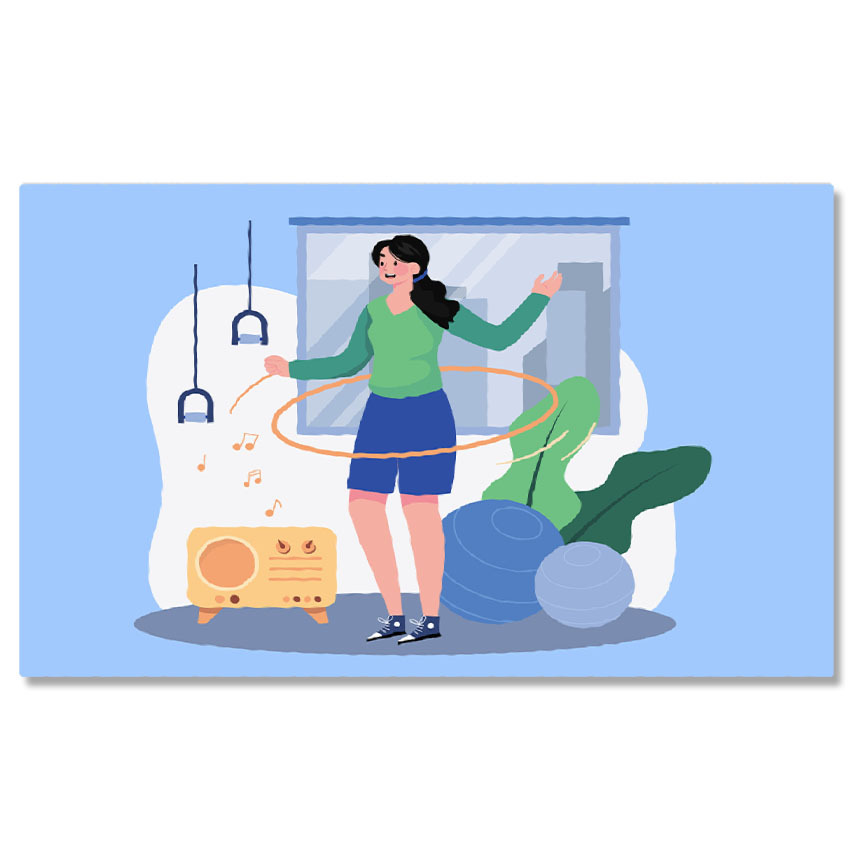 Sport - Tablou Canvas Tanara cu Parul Lung Brunet cu un Cerc Hula care se Invarte in Jurul Taliei Exersand 40x25CM