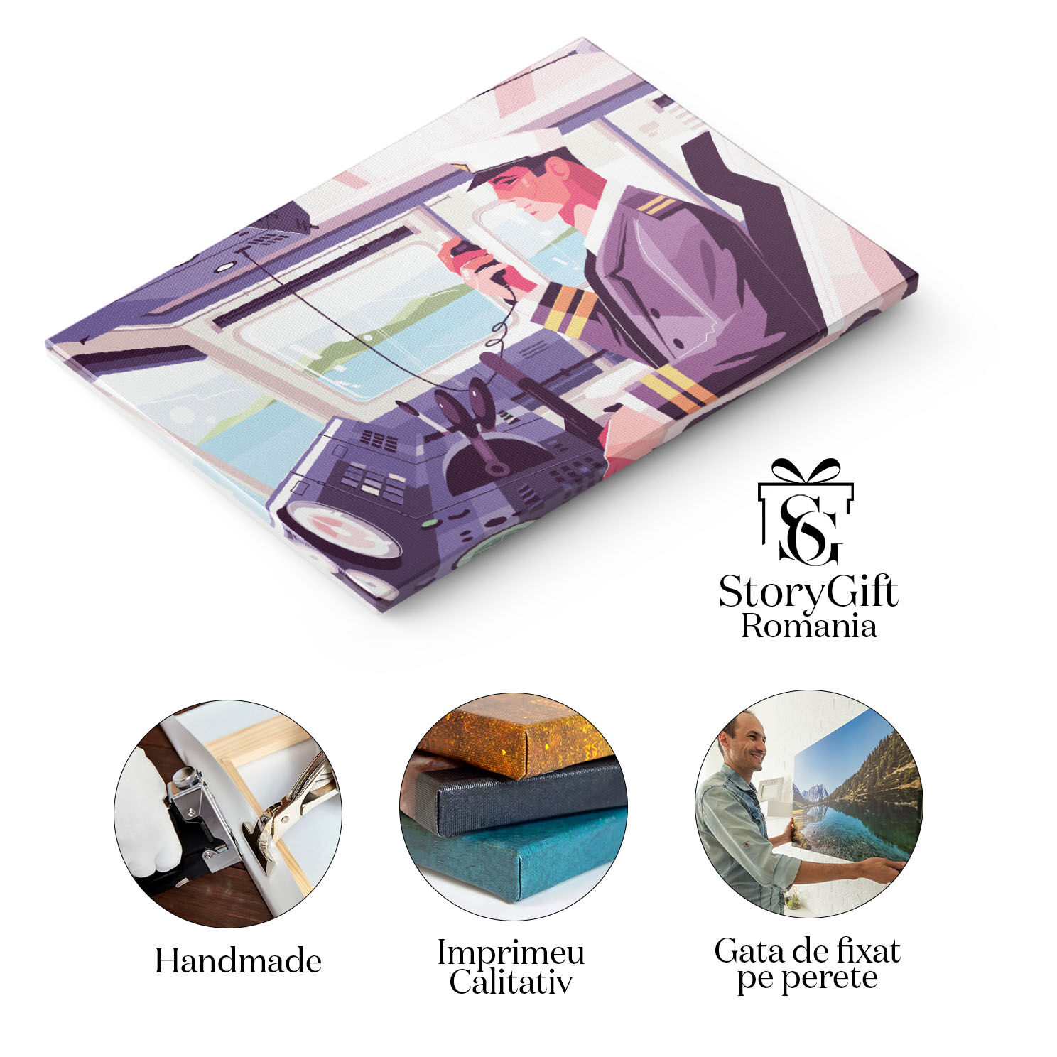 Tablou Canvas Pilotul care Anunta prin Statie o Posibil Aterizare in Apa cccu Basca Alba si Imbracaminte Eleganta 40x25CM [1]