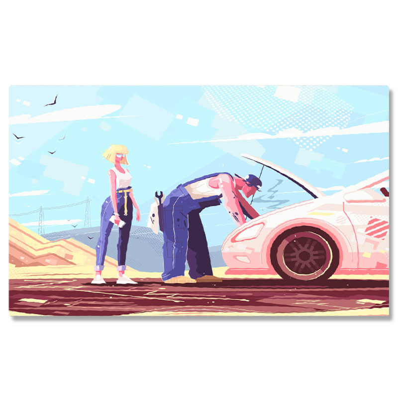 Meserii - Tablou Canvas Mecanic in Salopeta Albastra care Repara o Masina Stricata pe Drum a Femeii Blonde cu Ochelari 40x25CM