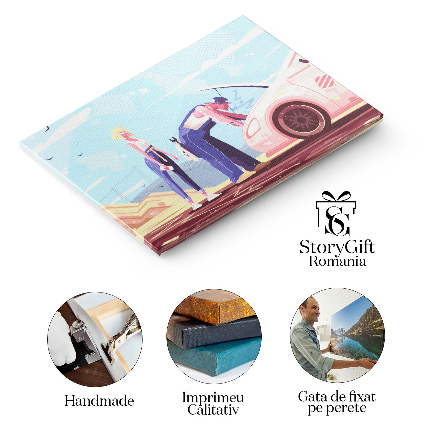 Tablou Canvas Mecanic in Salopeta Albastra care Repara o Masina Stricata pe Drum a Femeii Blonde cu Ochelari 40x25CM [1]