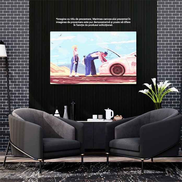 Tablou Canvas Mecanic in Salopeta Albastra care Repara o Masina Stricata pe Drum a Femeii Blonde cu Ochelari 40x25CM [2]