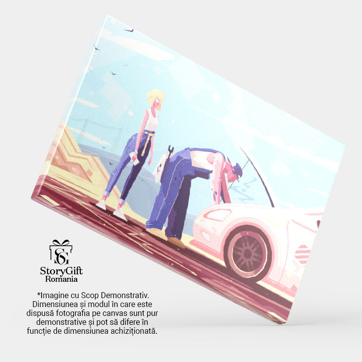 Tablou Canvas Mecanic in Salopeta Albastra care Repara o Masina Stricata pe Drum a Femeii Blonde cu Ochelari 40x25CM [3]