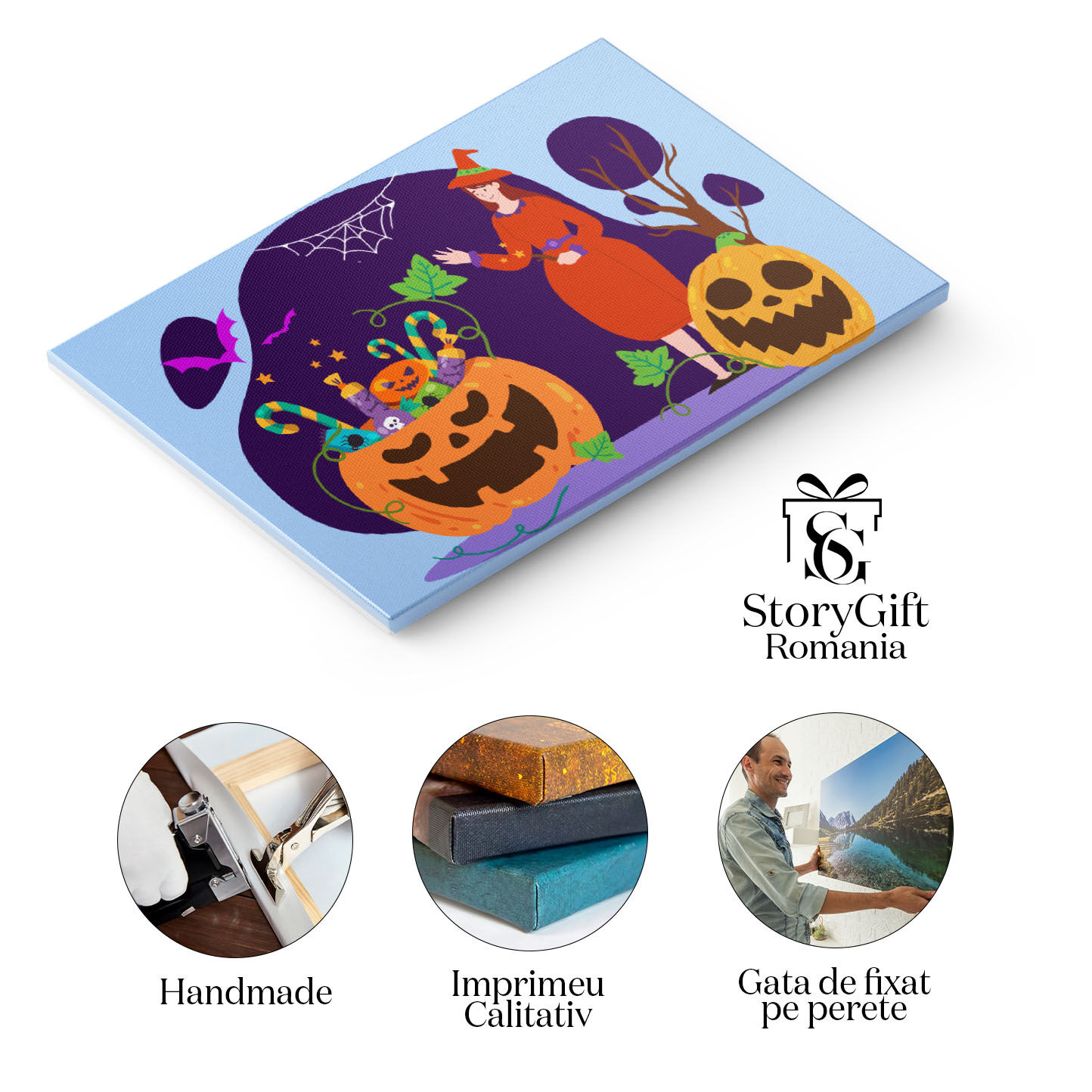 Tablou Canvas Domna Imbracata in Portocaliu langa Dovleacul cu Dulciuri si Lileci Roz care Zboara 40x25CM [1]