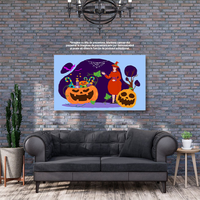 Tablou Canvas Domna Imbracata in Portocaliu langa Dovleacul cu Dulciuri si Lileci Roz care Zboara 40x25CM [2]