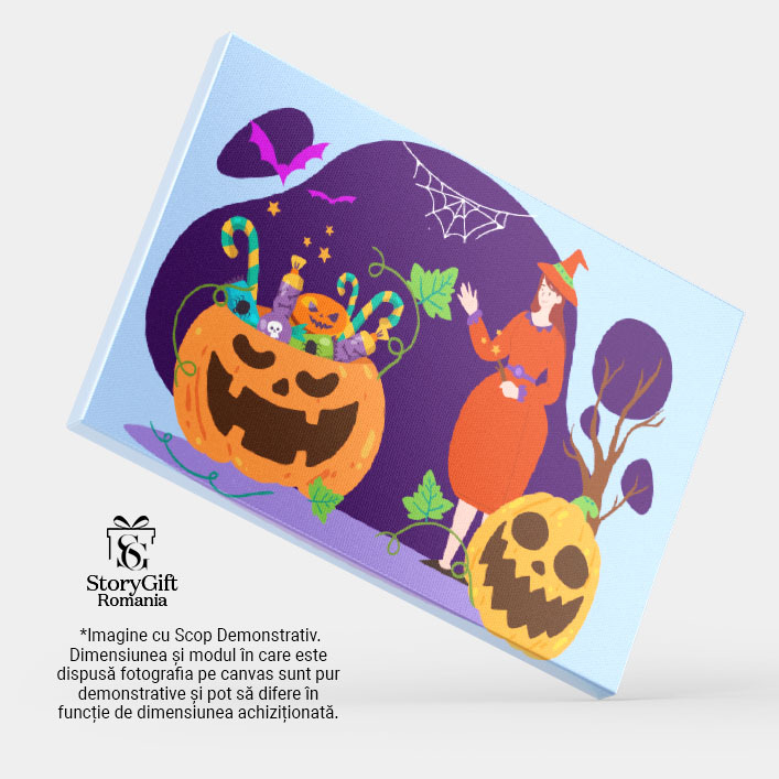 Tablou Canvas Domna Imbracata in Portocaliu langa Dovleacul cu Dulciuri si Lileci Roz care Zboara 40x25CM [3]