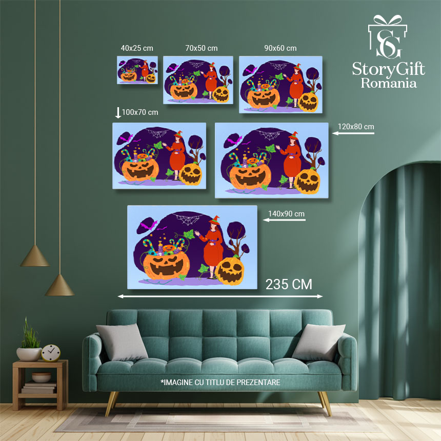 Tablou Canvas Domna Imbracata in Portocaliu langa Dovleacul cu Dulciuri si Lileci Roz care Zboara 40x25CM [4]