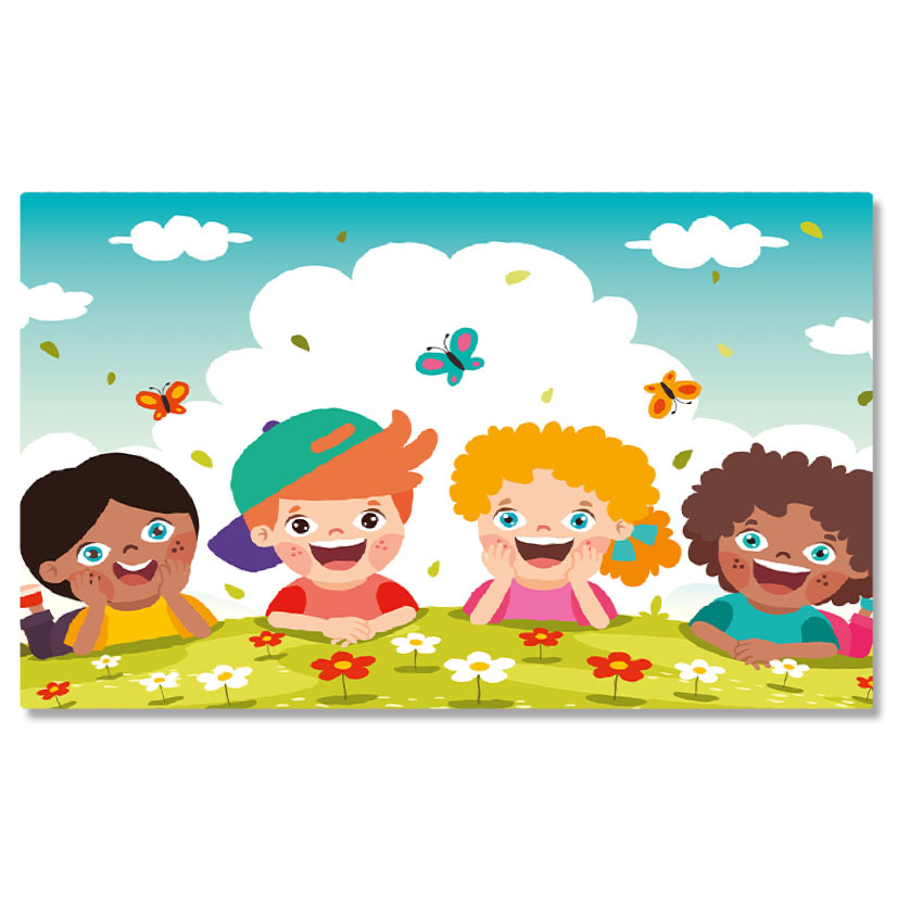 Diverse - Tablou Canvas Doi Baieti si o Fata cu Ochii Albastrii si un Baietel Roscat cu Ochii Caprui pe Campul Inflorit 40x25CM