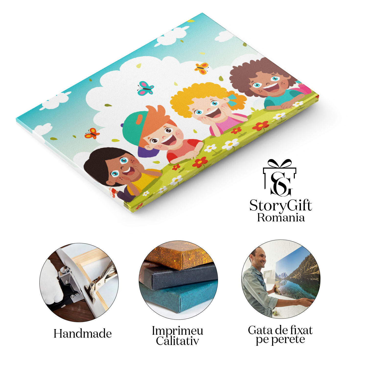 Tablou Canvas Doi Baieti si o Fata cu Ochii Albastrii si un Baietel Roscat cu Ochii Caprui pe Campul Inflorit 40x25CM [1]