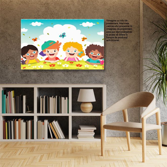 Tablou Canvas Doi Baieti si o Fata cu Ochii Albastrii si un Baietel Roscat cu Ochii Caprui pe Campul Inflorit 40x25CM [2]