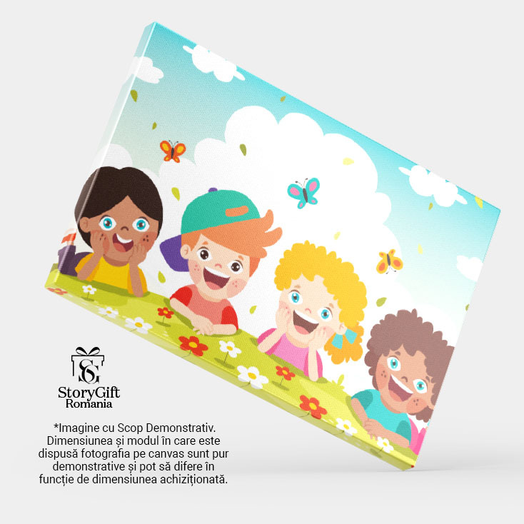 Tablou Canvas Doi Baieti si o Fata cu Ochii Albastrii si un Baietel Roscat cu Ochii Caprui pe Campul Inflorit 40x25CM [3]