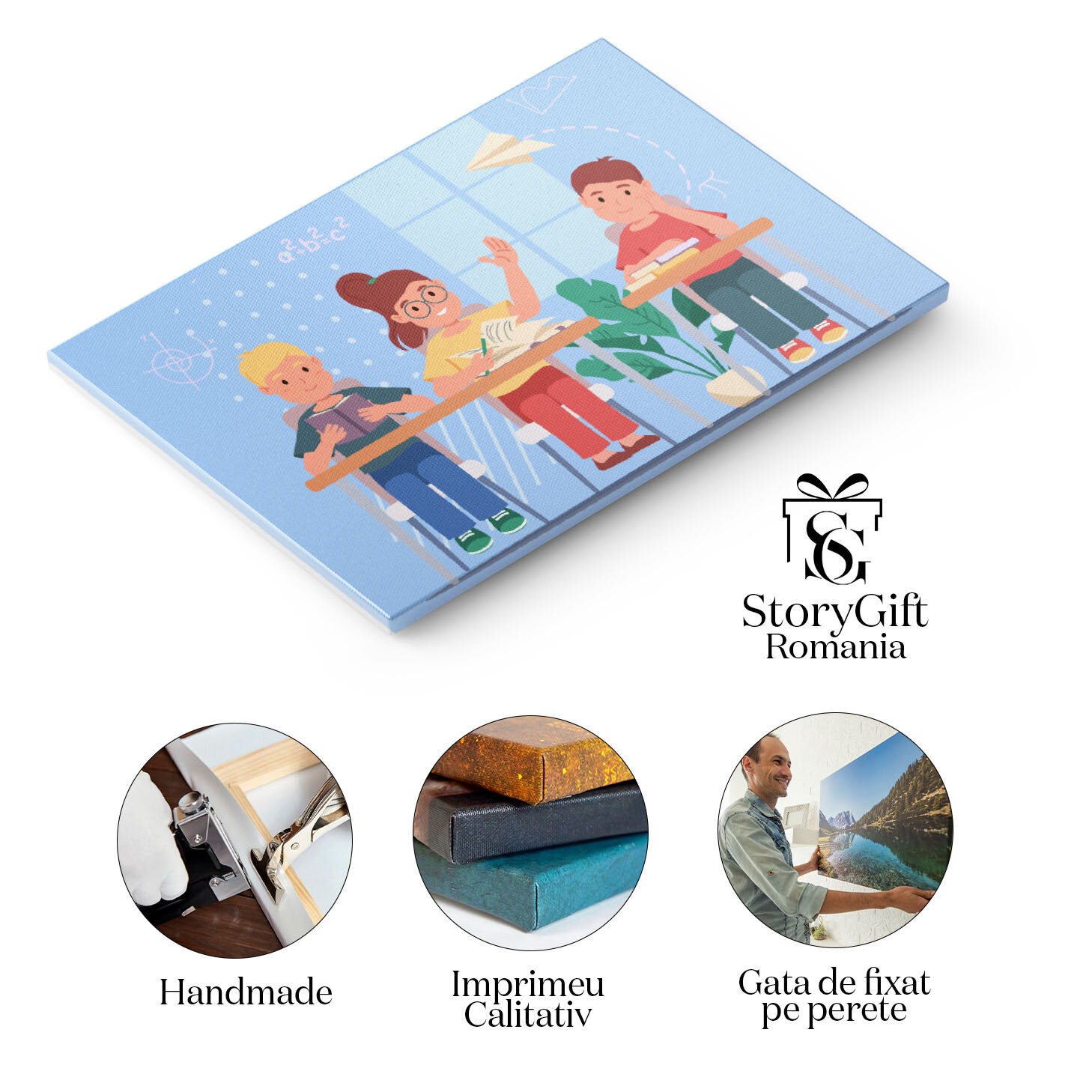 Tablou Canvas Copilasii Fericiti la Scoala cu Cartile pe Banca si un Avion din Hartie Zburand, Copii Cuminti 40x25CM [1]