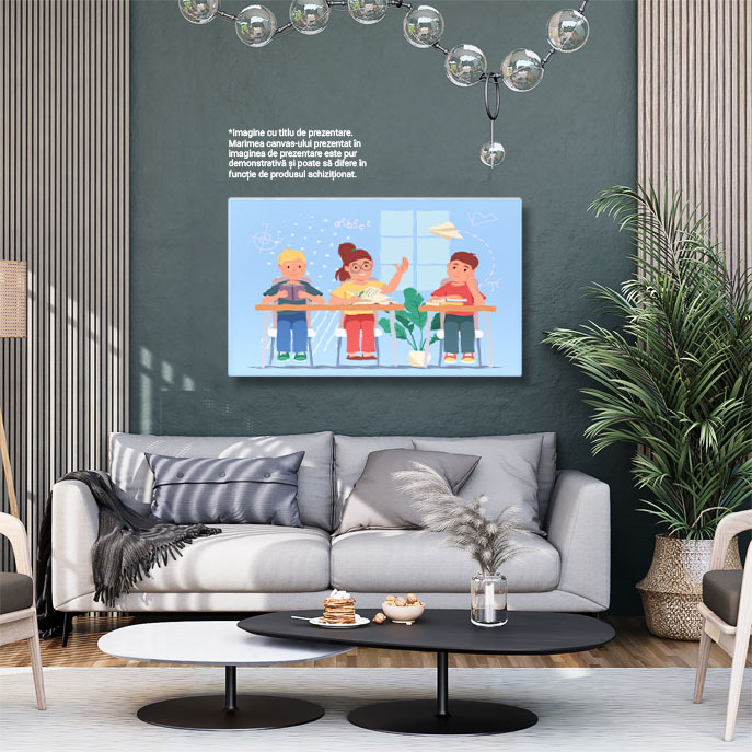 Tablou Canvas Copilasii Fericiti la Scoala cu Cartile pe Banca si un Avion din Hartie Zburand, Copii Cuminti 40x25CM [2]