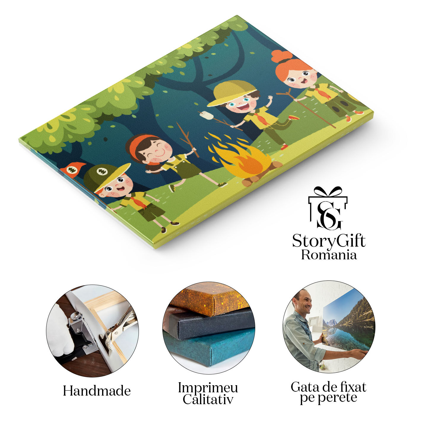 Tablou Canvas Micii Cercetasi Adorabili in Costum Verde cu Cravata Portocalie fac Foc de Tabara 40x25CM [1]