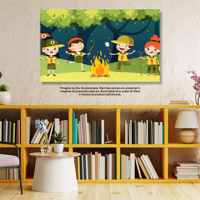 Tablou Canvas Micii Cercetasi Adorabili in Costum Verde cu Cravata Portocalie fac Foc de Tabara 40x25CM [2]