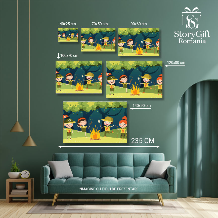 Tablou Canvas Micii Cercetasi Adorabili in Costum Verde cu Cravata Portocalie fac Foc de Tabara 40x25CM [4]