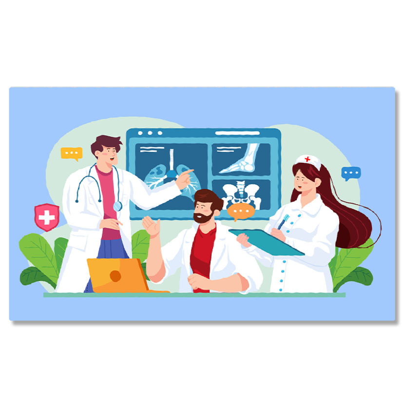 Meserii - Tablou Canvas Discutia Medicilor despre Noul Pacient cu Fracturi Serioase ale Membrelor si Plamanii Infectati 40x25CM