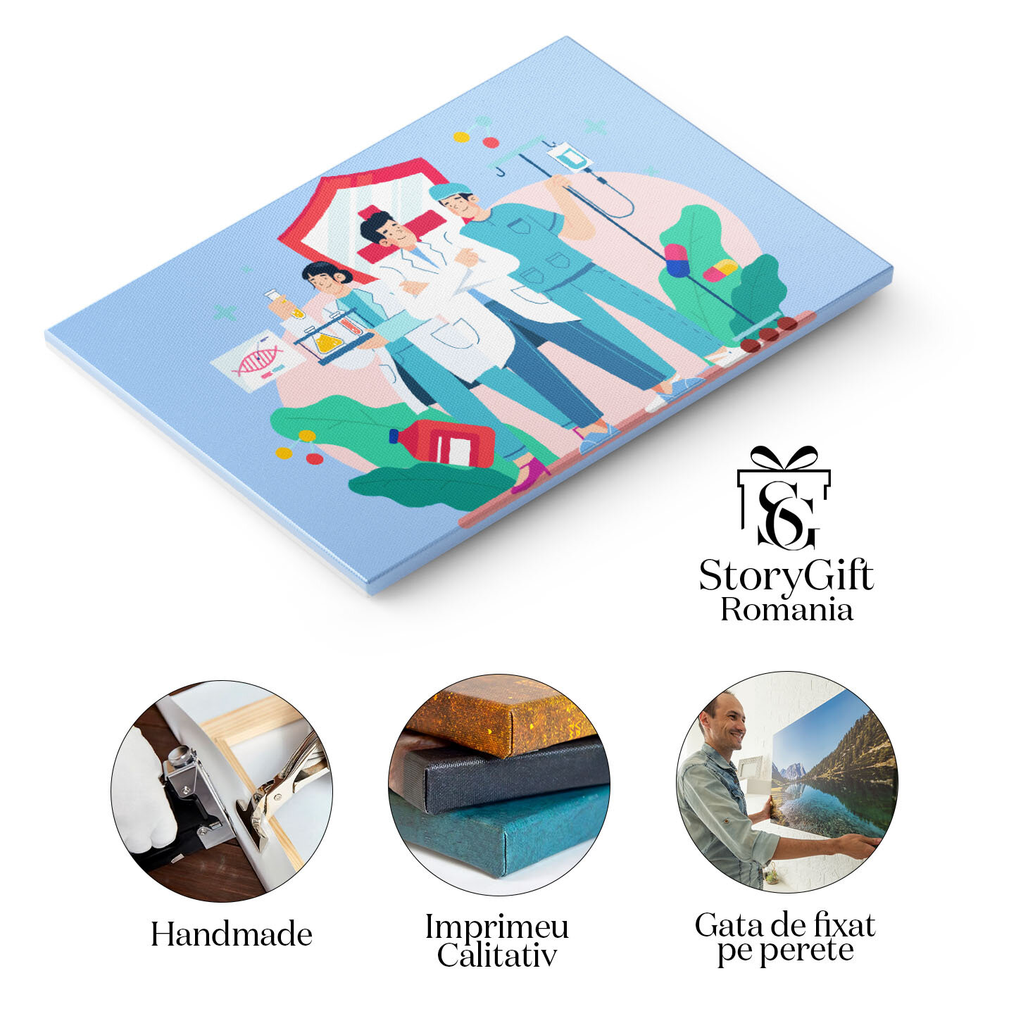 Tablou Canvas Doctorul si cei Doi Asistenti Pregatiti pentru Tratamentul Pacientilor cu Pastile si Perfuzii 40x25CM [1]