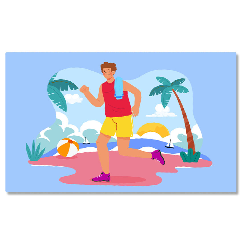 Plajă - Tablou Canvas Barbatul in Maiou Rosu si Pantaloni Galbeni Alerga pe Plaja Dimineata cu Adiasi Mov 40x25CM