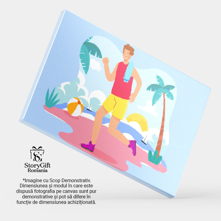 Tablou Canvas Barbatul in Maiou Rosu si Pantaloni Galbeni Alerga pe Plaja Dimineata cu Adiasi Mov 40x25CM [3]