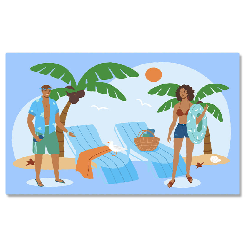 Plajă - Tablou Canvas Vacanta pe Plaja Pustie cu Palmieri si Sezlonguri Albastre, Femeie si un Barbat in Costume de Baie 40x25CM