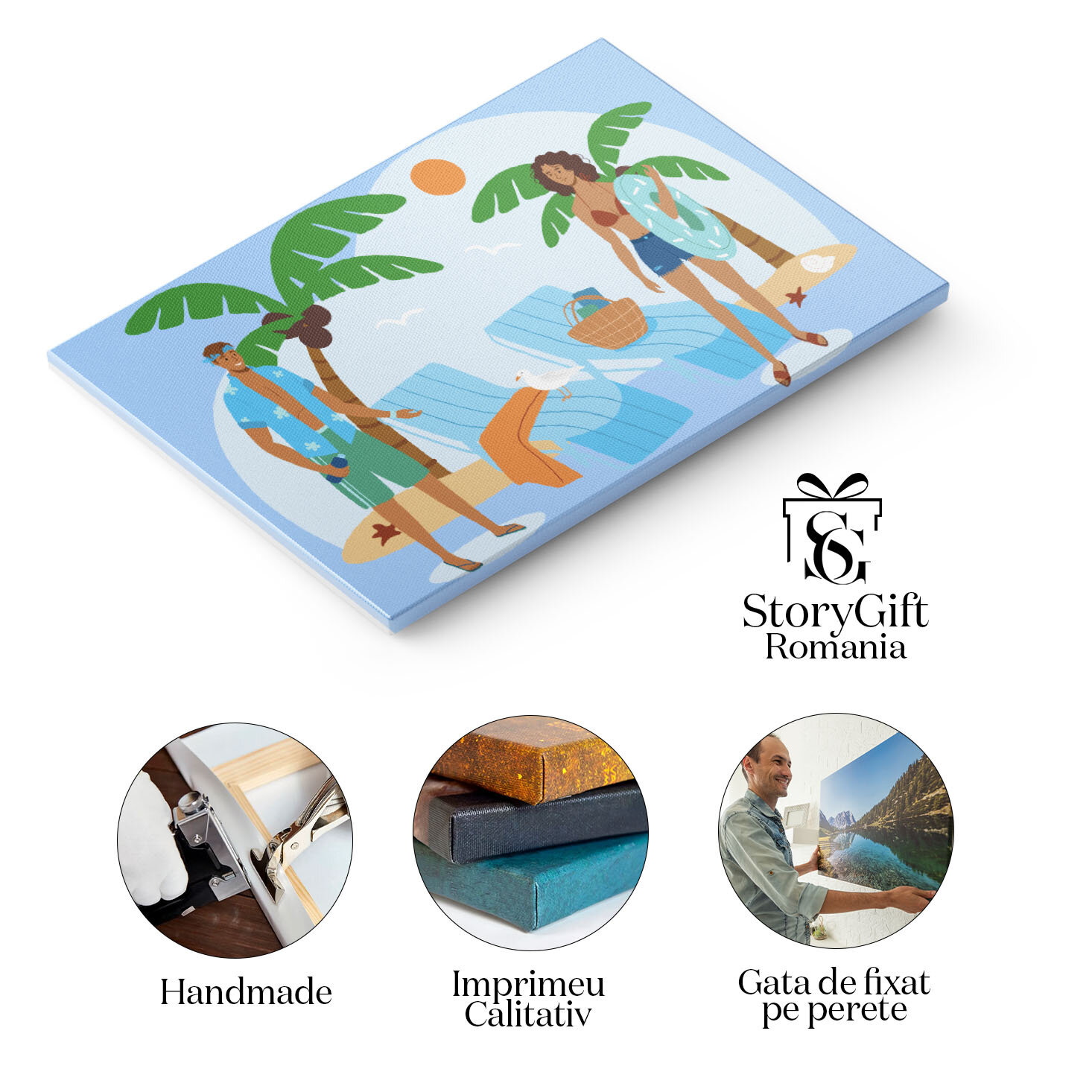 Tablou Canvas Vacanta pe Plaja Pustie cu Palmieri si Sezlonguri Albastre, Femeie si un Barbat in Costume de Baie 40x25CM [1]