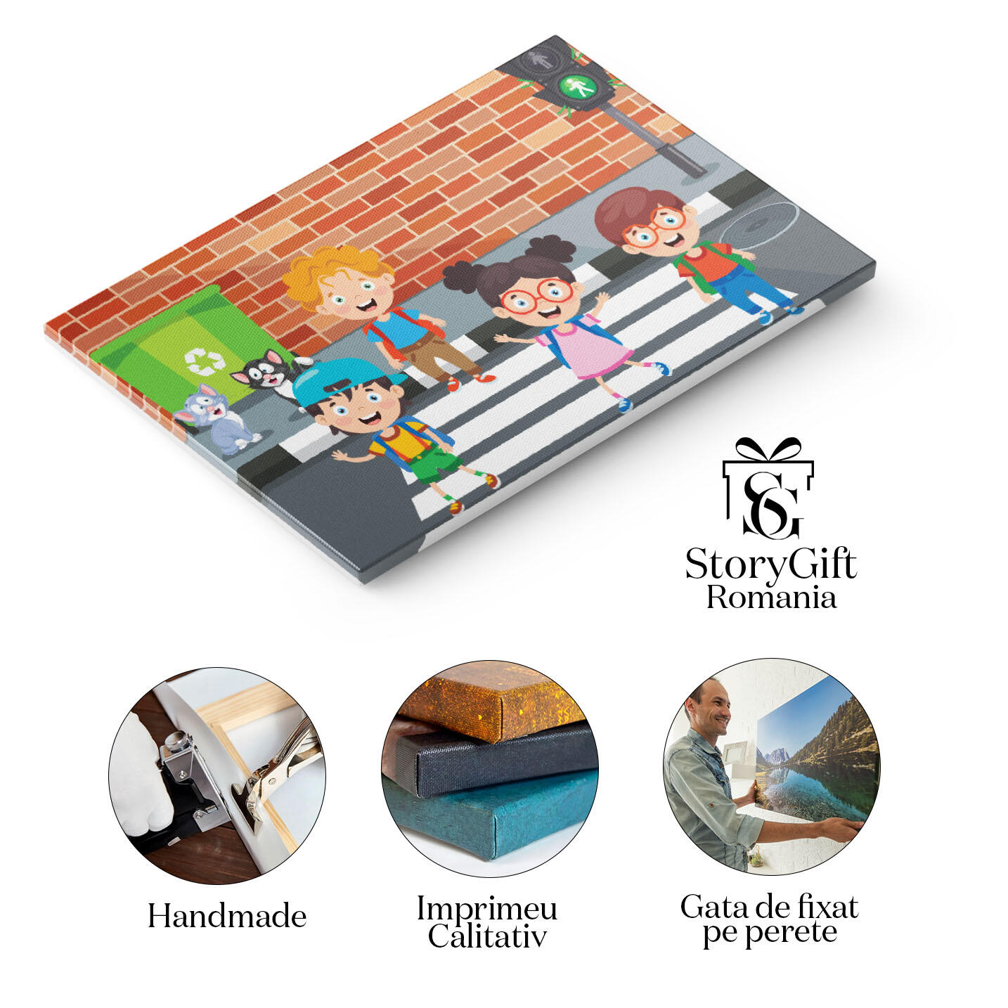 Tablou Canvas Mersul pe Trecerea de Pietoni, Patru Copii Danseaza pe Trecerea de Pietoni Priviti de Doua Pisici 40x25CM [1]