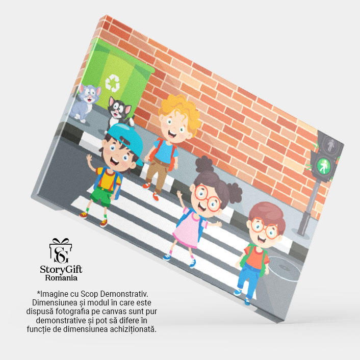 Tablou Canvas Mersul pe Trecerea de Pietoni, Patru Copii Danseaza pe Trecerea de Pietoni Priviti de Doua Pisici 40x25CM [3]