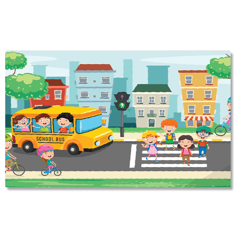 Diverse - Tablou Canvas School Bus, Autobuzul Galben de Scoala in Fata Copiilor de pe Zebra Aproape de Copiii pe Biciclete 40x25CM