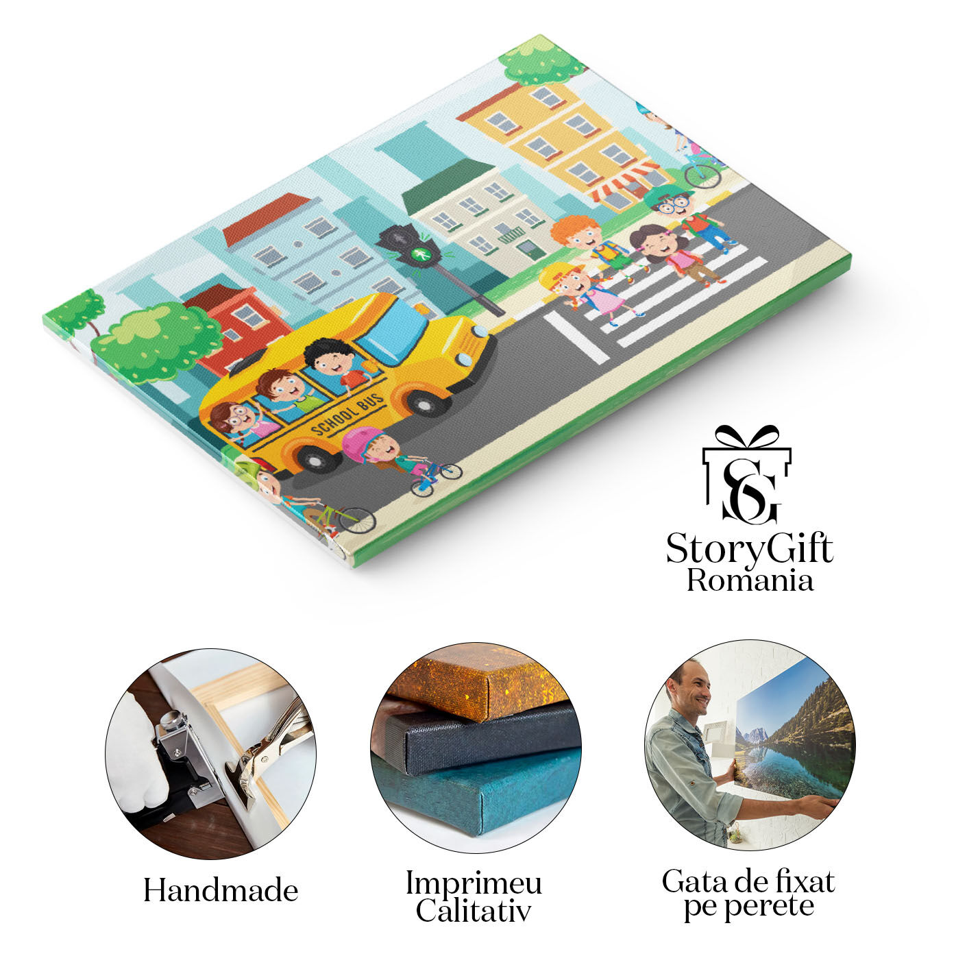 Tablou Canvas School Bus, Autobuzul Galben de Scoala in Fata Copiilor de pe Zebra Aproape de Copiii pe Biciclete 40x25CM [1]