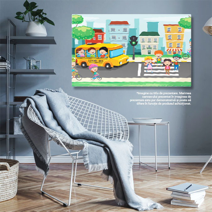 Tablou Canvas School Bus, Autobuzul Galben de Scoala in Fata Copiilor de pe Zebra Aproape de Copiii pe Biciclete 40x25CM [2]