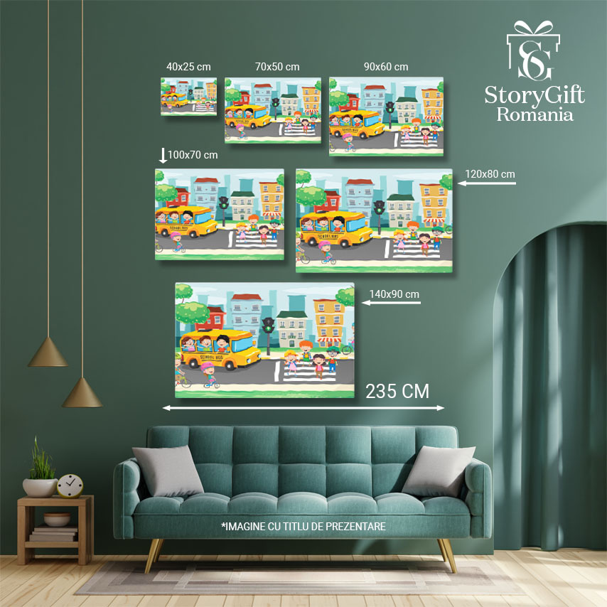 Tablou Canvas School Bus, Autobuzul Galben de Scoala in Fata Copiilor de pe Zebra Aproape de Copiii pe Biciclete 40x25CM [4]