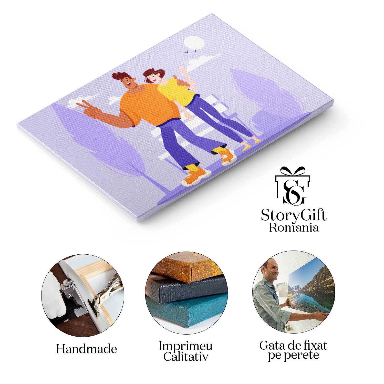 Tablou Canvas Barbat in Pulover Portocaliu Alaturi de Femeia in Tricou Galben fac o Poza cu Doua Degete Ridicate 40x25CM [1]