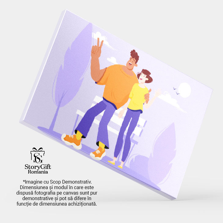 Tablou Canvas Barbat in Pulover Portocaliu Alaturi de Femeia in Tricou Galben fac o Poza cu Doua Degete Ridicate 40x25CM [3]