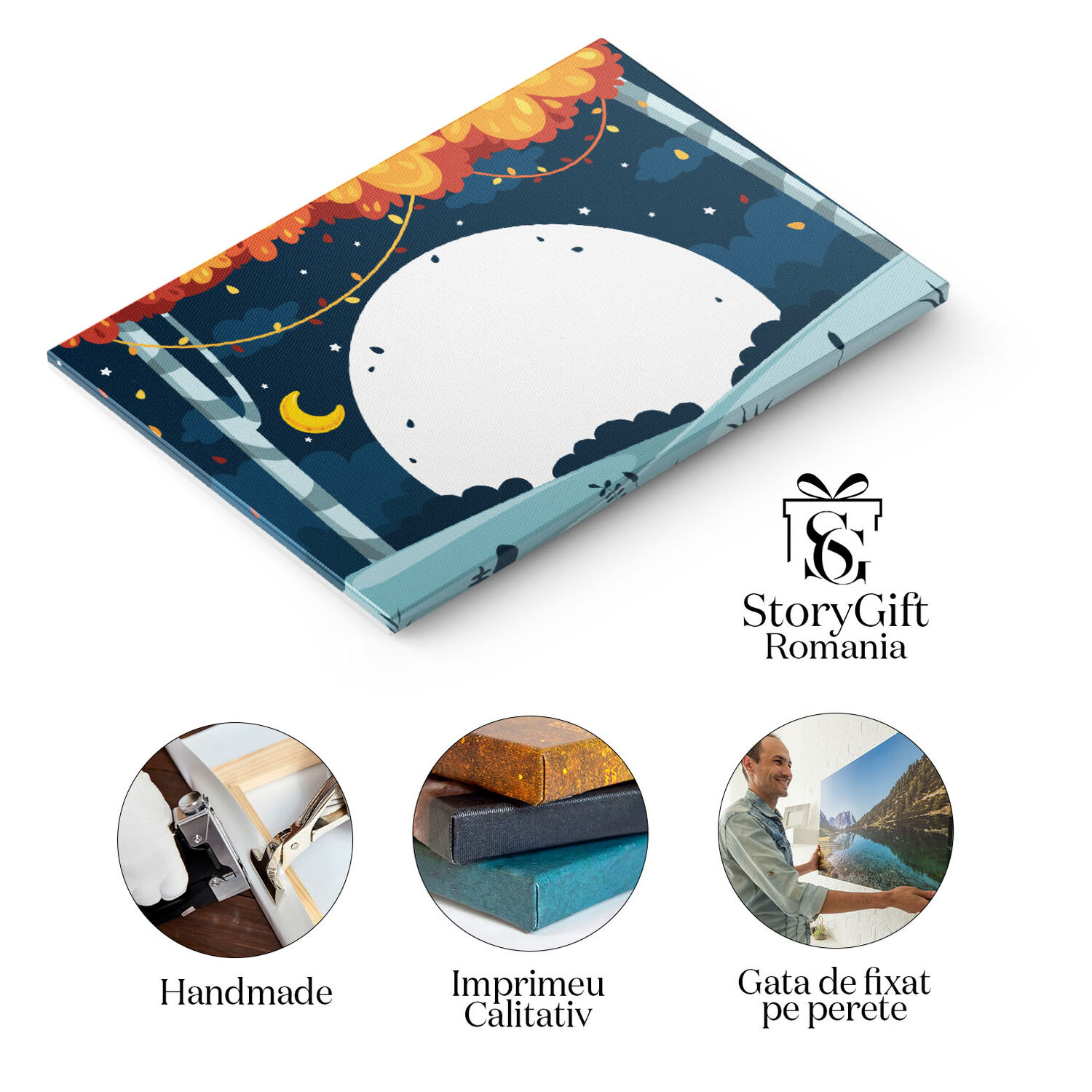 Tablou Canvas Semiluna Galbena de pe Cerul Instelat, Copaci Tomnatici si o Pata Mare Alba Aparuta 40x25CM [1]