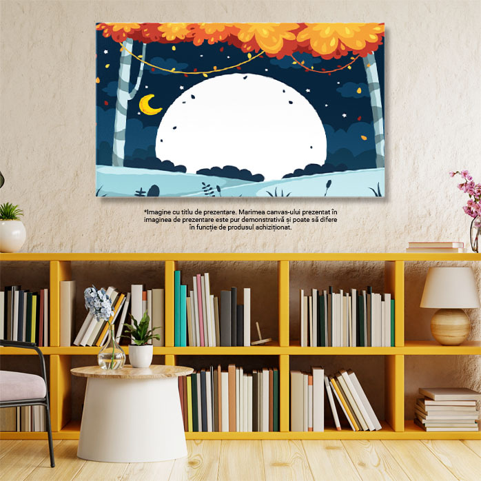 Tablou Canvas Semiluna Galbena de pe Cerul Instelat, Copaci Tomnatici si o Pata Mare Alba Aparuta 40x25CM [2]