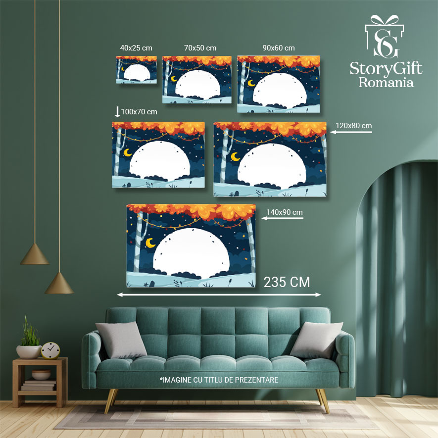 Tablou Canvas Semiluna Galbena de pe Cerul Instelat, Copaci Tomnatici si o Pata Mare Alba Aparuta 40x25CM [4]