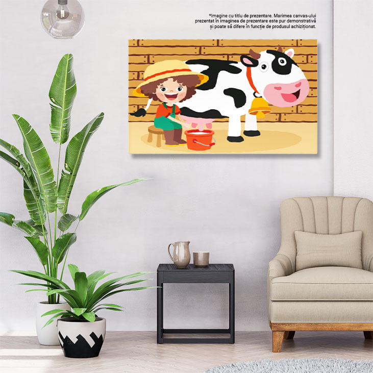 Tablou Canvas Baietel in Vacanta la Bunici cu Palarie si Pistrui care Mulge Vaca in Galeata Portocalie 40x25CM [2]