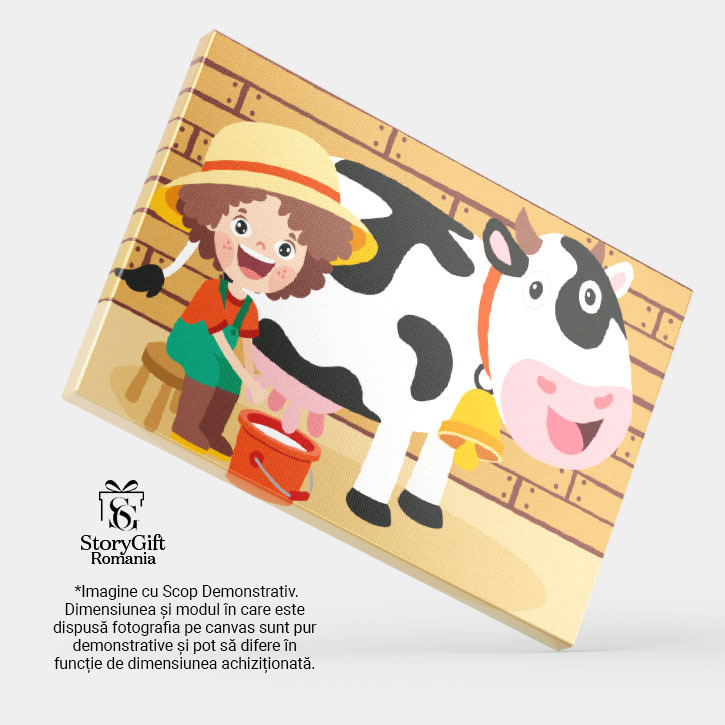 Tablou Canvas Baietel in Vacanta la Bunici cu Palarie si Pistrui care Mulge Vaca in Galeata Portocalie 40x25CM [3]