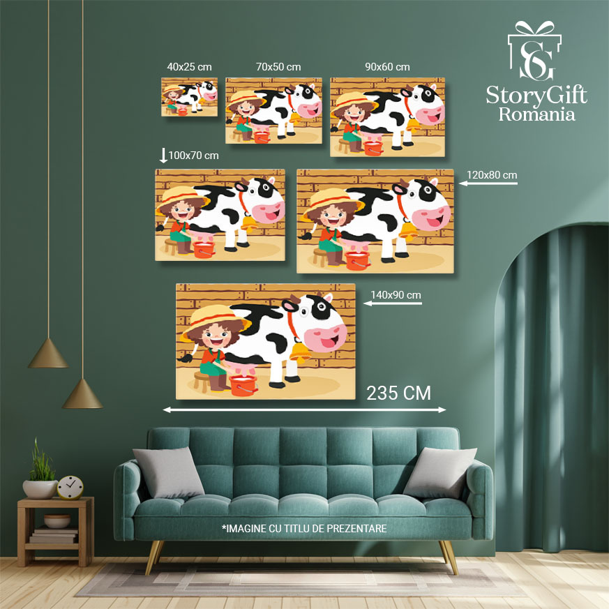 Tablou Canvas Baietel in Vacanta la Bunici cu Palarie si Pistrui care Mulge Vaca in Galeata Portocalie 40x25CM [4]