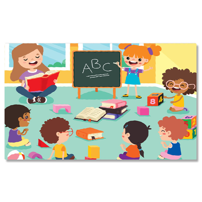 Meserii - Tablou Canvas Activitate Educativa in Clasa, Copiii Participa la o Lectie Interactiva de Alfabet cu o Invatatoare Pasionata 40x25CM