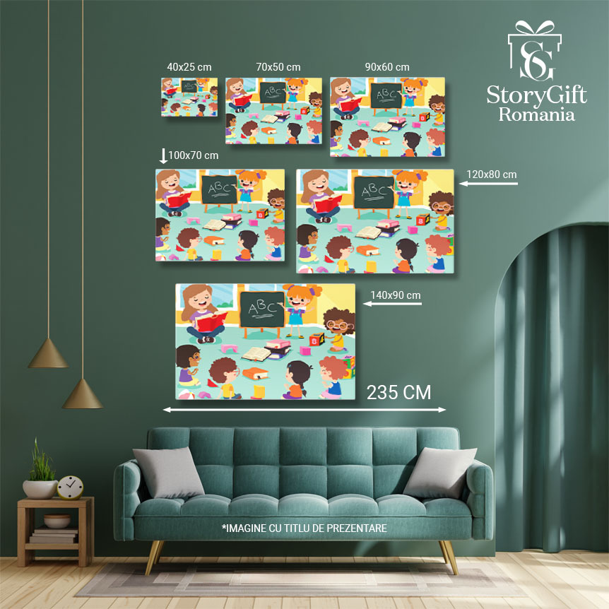 Tablou Canvas Activitate Educativa in Clasa, Copiii Participa la o Lectie Interactiva de Alfabet cu o Invatatoare Pasionata 40x25CM [4]