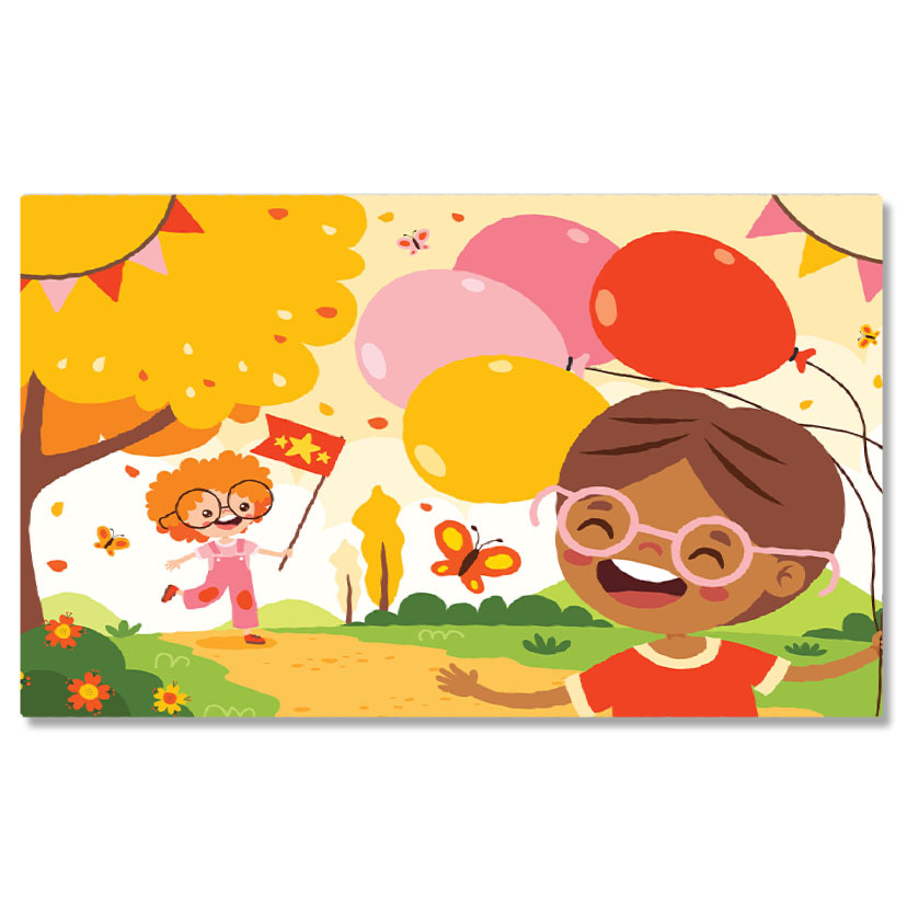 Diverse - Tablou Canvas Poteca din Padure pe care trece un Baiat cu Baloane si o Fata cu un Steag Rosu si Fluturi 40x25CM