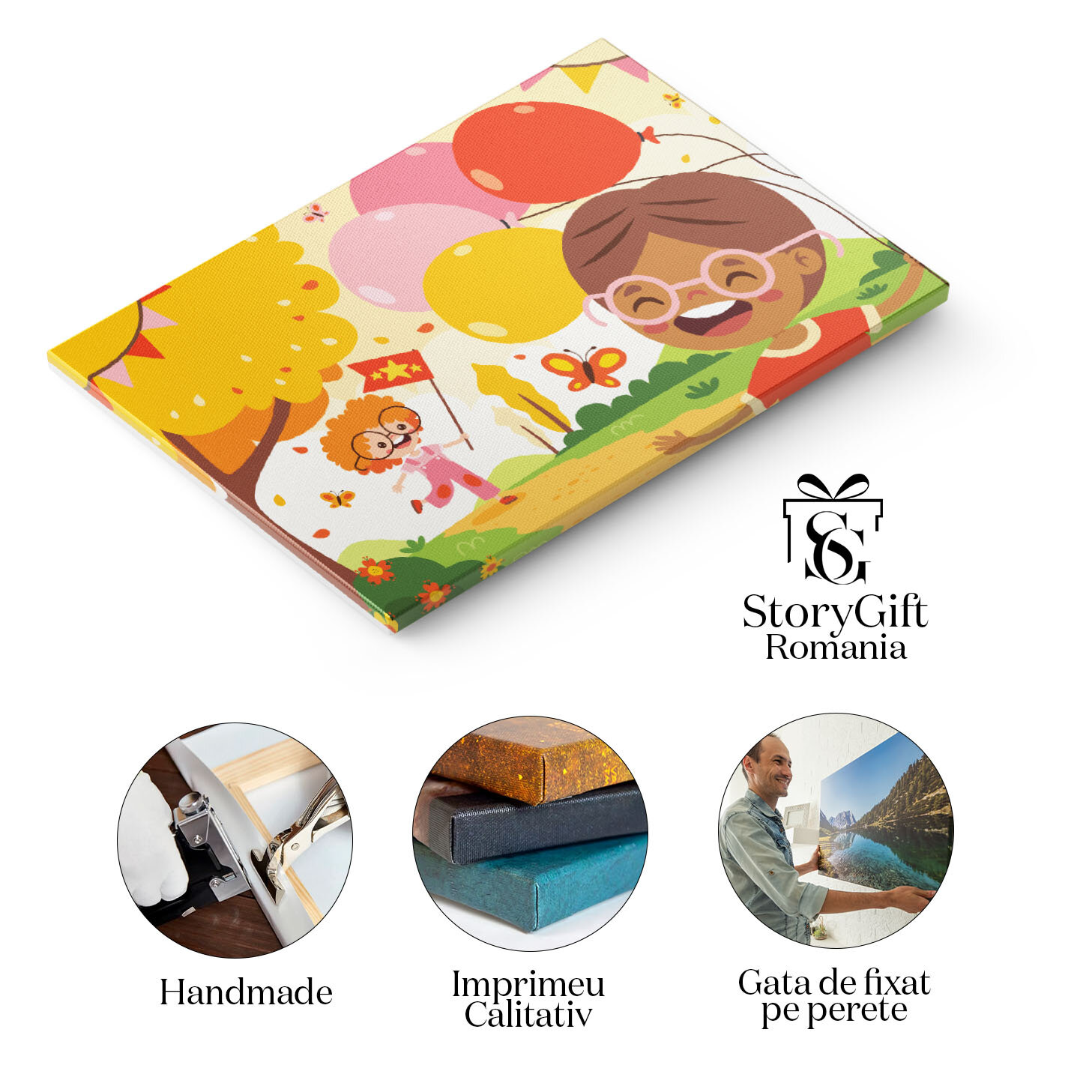 Tablou Canvas Poteca din Padure pe care trece un Baiat cu Baloane si o Fata cu un Steag Rosu si Fluturi 40x25CM [1]