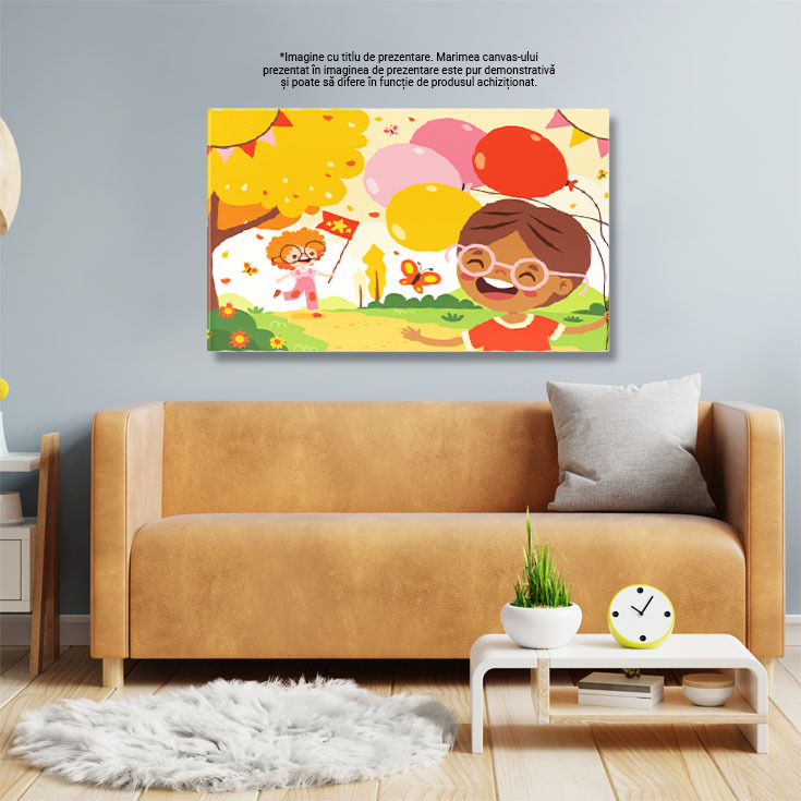 Tablou Canvas Poteca din Padure pe care trece un Baiat cu Baloane si o Fata cu un Steag Rosu si Fluturi 40x25CM [2]