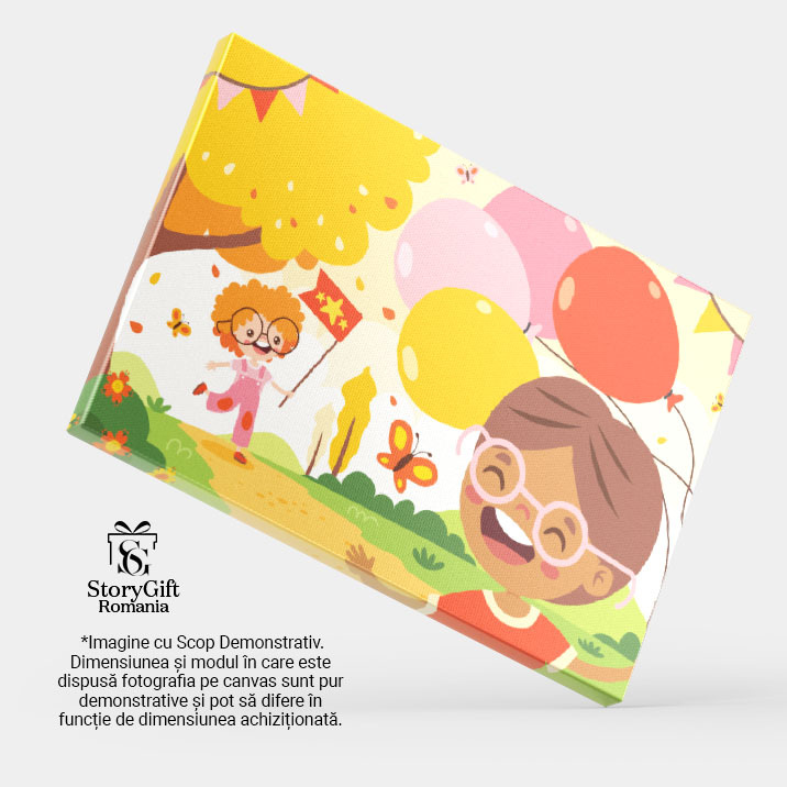 Tablou Canvas Poteca din Padure pe care trece un Baiat cu Baloane si o Fata cu un Steag Rosu si Fluturi 40x25CM [3]