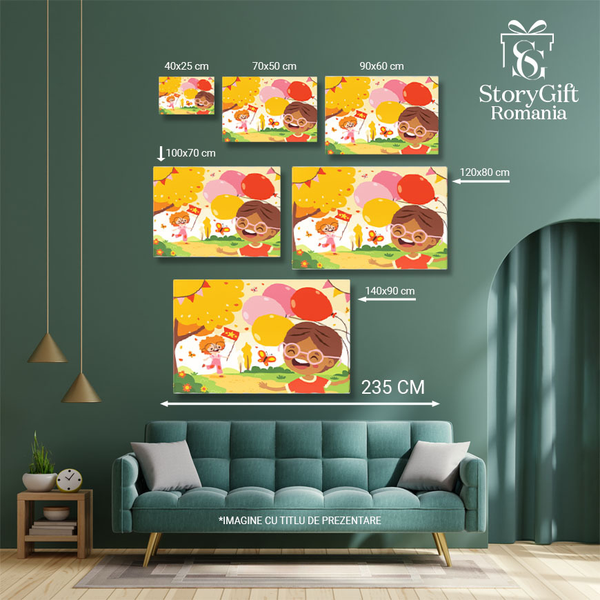 Tablou Canvas Poteca din Padure pe care trece un Baiat cu Baloane si o Fata cu un Steag Rosu si Fluturi 40x25CM [4]