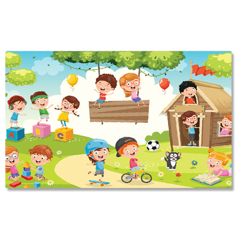 Diverse - Tablou Canvas Gradinita de Copii Imbracati in Haine Colorate se Joaca in Aer Liber in Cabana din Padure 40x25CM