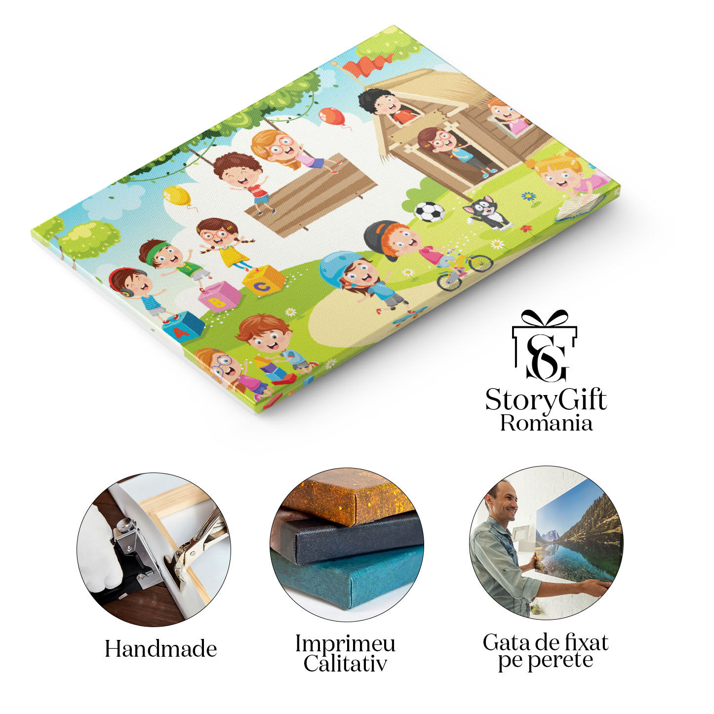 Tablou Canvas Gradinita de Copii Imbracati in Haine Colorate se Joaca in Aer Liber in Cabana din Padure 40x25CM [1]