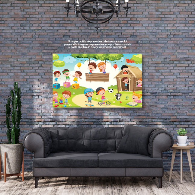Tablou Canvas Gradinita de Copii Imbracati in Haine Colorate se Joaca in Aer Liber in Cabana din Padure 40x25CM [2]